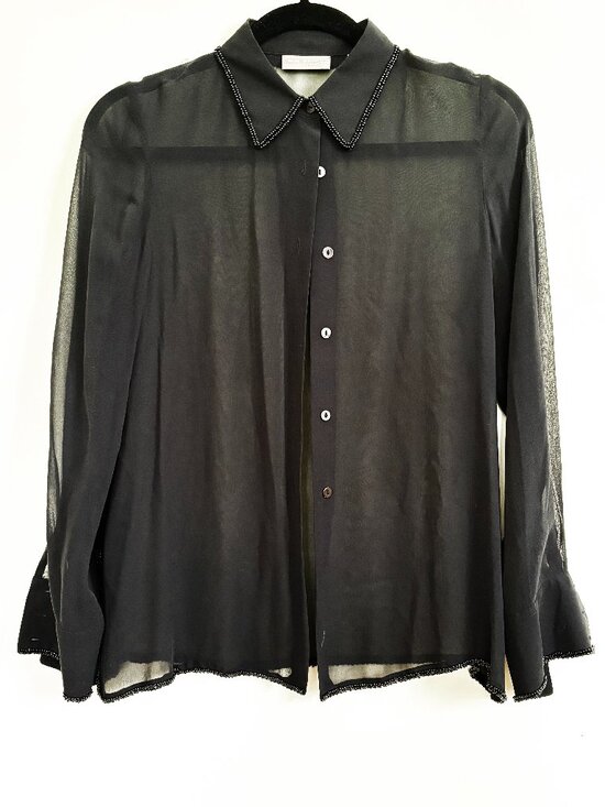 Valerie Separates Tops - Elegant Sheer Black Silk Blouse with Delicate Beadwork Trim Petite SM